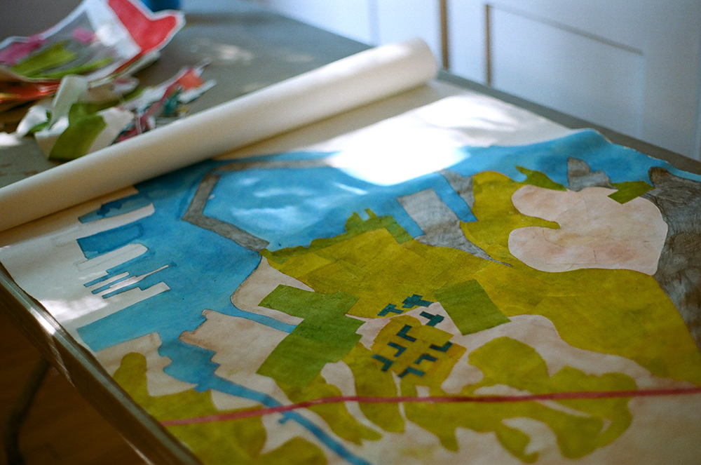 In-progress map of the Brooklyn shoreline, a detail of the neighborhood of Red Hook for an ongoing mapping project that layers the historical coastline on the current one, alongside historical industrial uses, landfills, power plants, brownfields, highways, and public housing projects.