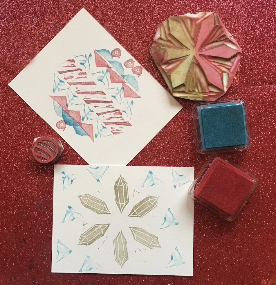 Rubber stamps, ink pads and Christmas cards made from the stamps. 