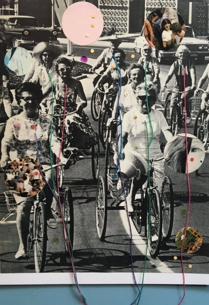 The Ghosts of Suicide. Paper collage with thread. Image includes a vintage photo of a group of senior women riding bicycles together.