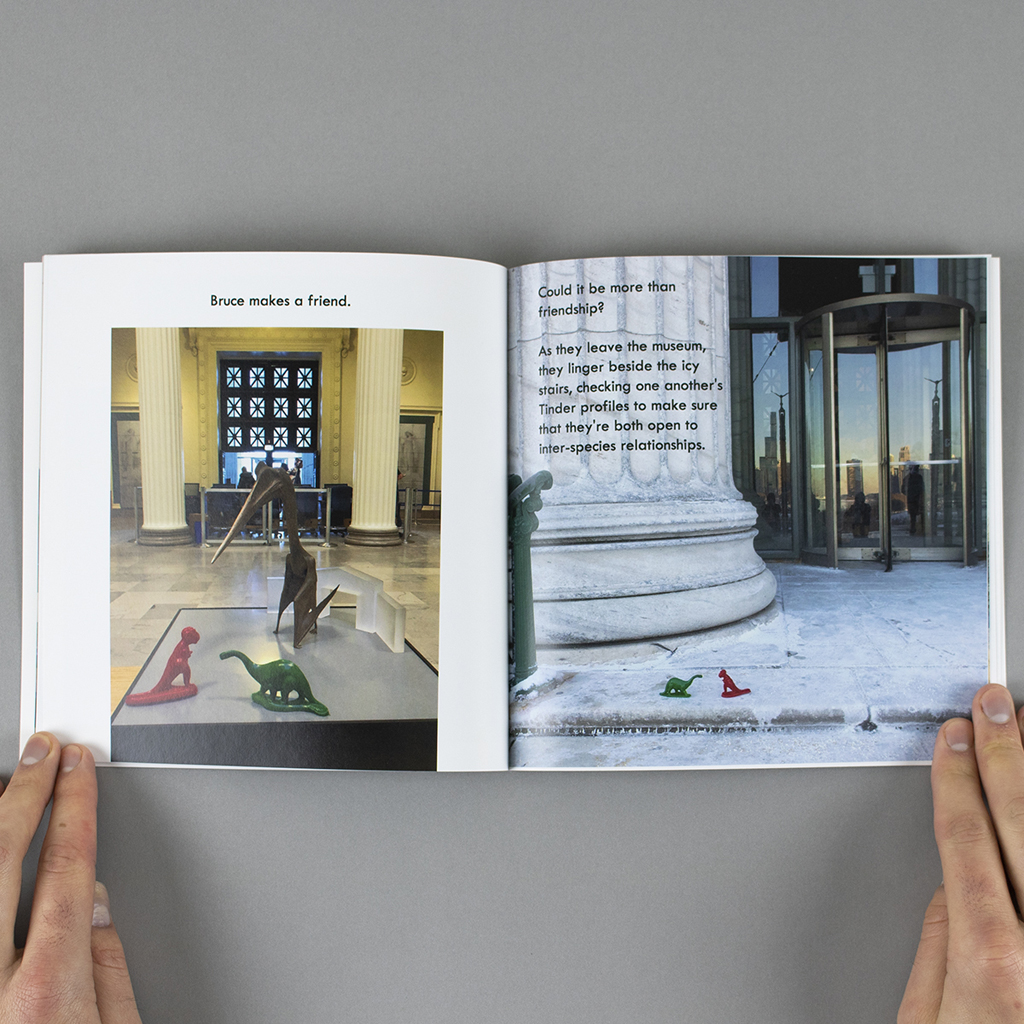 Inside spread; Tiny Dino Bruce meets another toy dinosaur