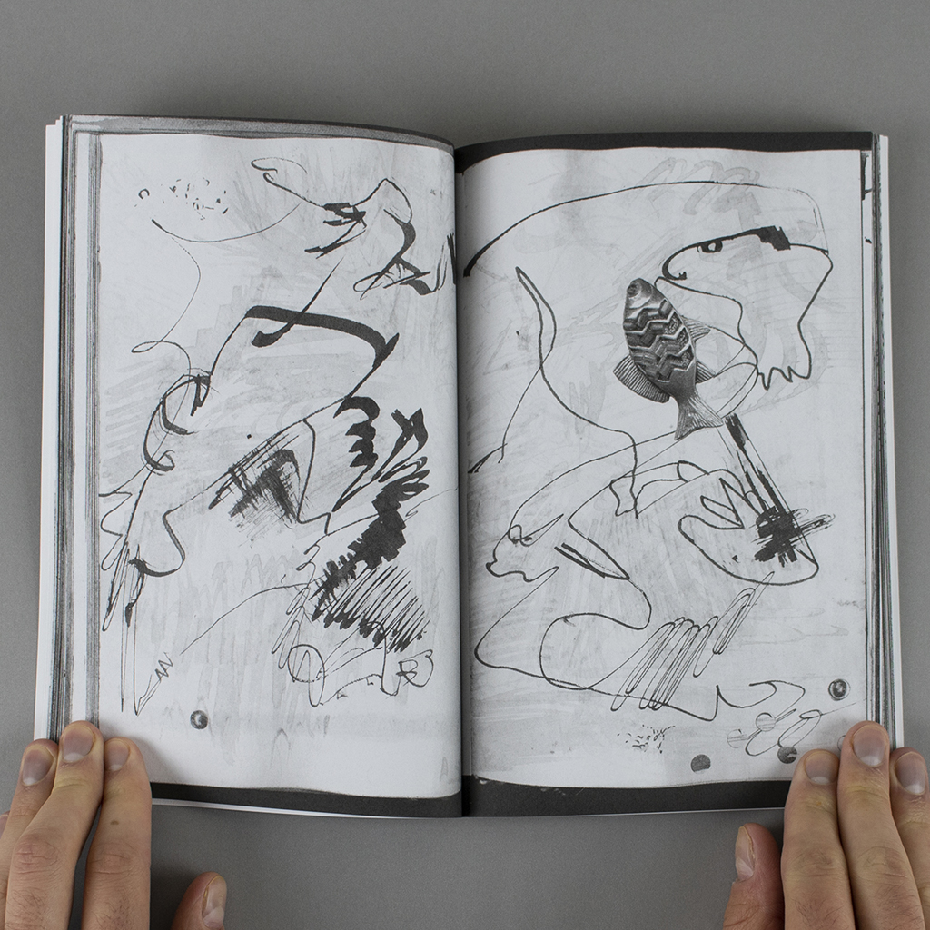 False Fiction Fractured Fact Altered inside spread with asemic writing and a fish on the recto