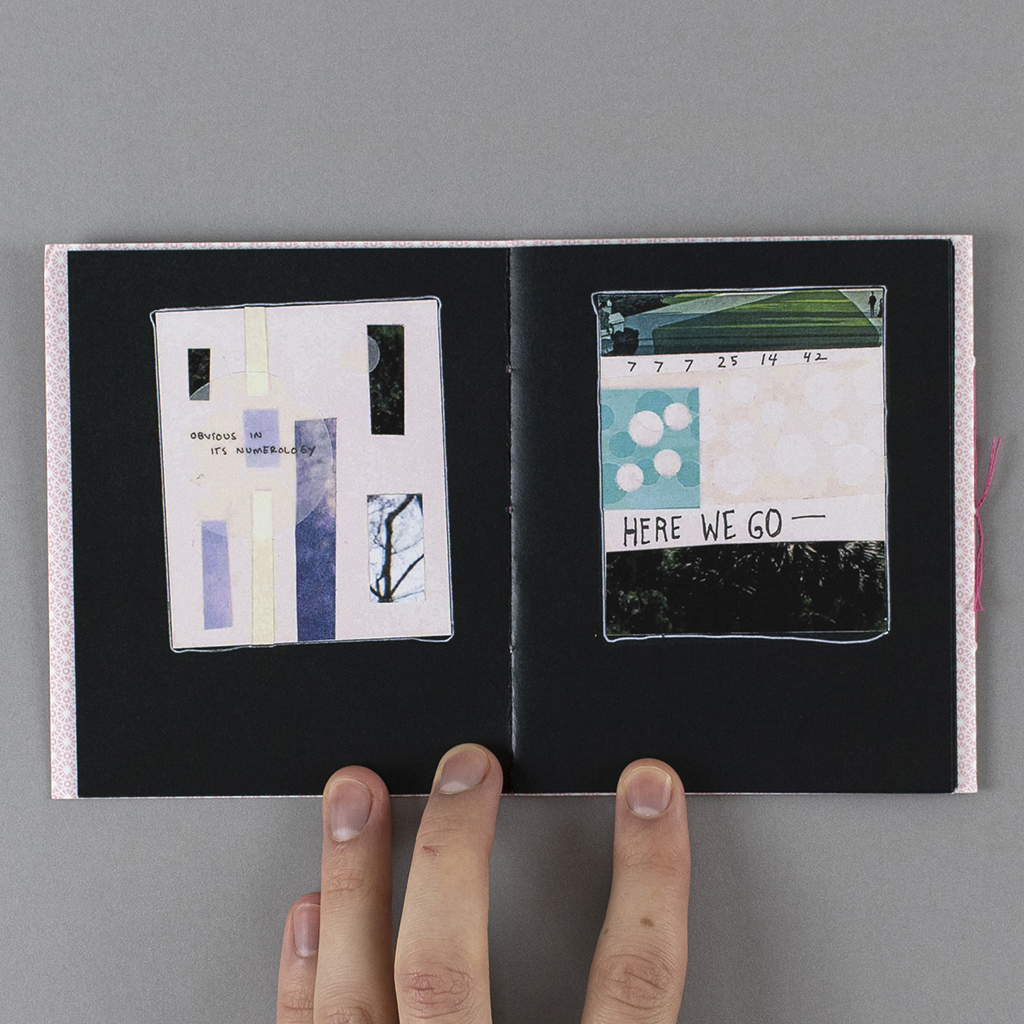 Eulalia #3 inside spread from After side. Verso and rectos are collages. Text reads: Obvious in its numerology / 7 7 7 25 14 42 here we go