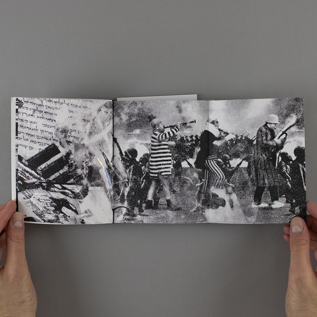 Fragmented Memory, inside fold-out: a 3-panel spread with a marching band collaged into marching soldiers.