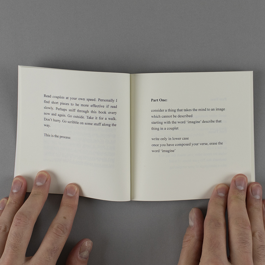 "Couplets" open to a page from John Higgs' introduction, giving whimsical instructions to the reader.