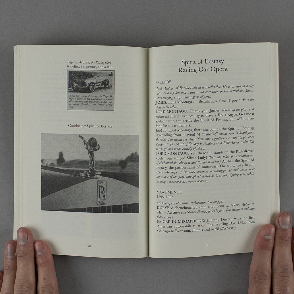 The Marathon Poet, pages 78-19: Spirit of Ecstasy Racing Car Opera. Photos on verso, text on recto.