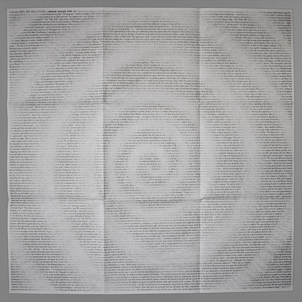 Jérémie Bennequin, "An Erasure into the Maelström" fully open to 36 × 36 in., showing a spiral form erased from the complete text of Poe's original short story.