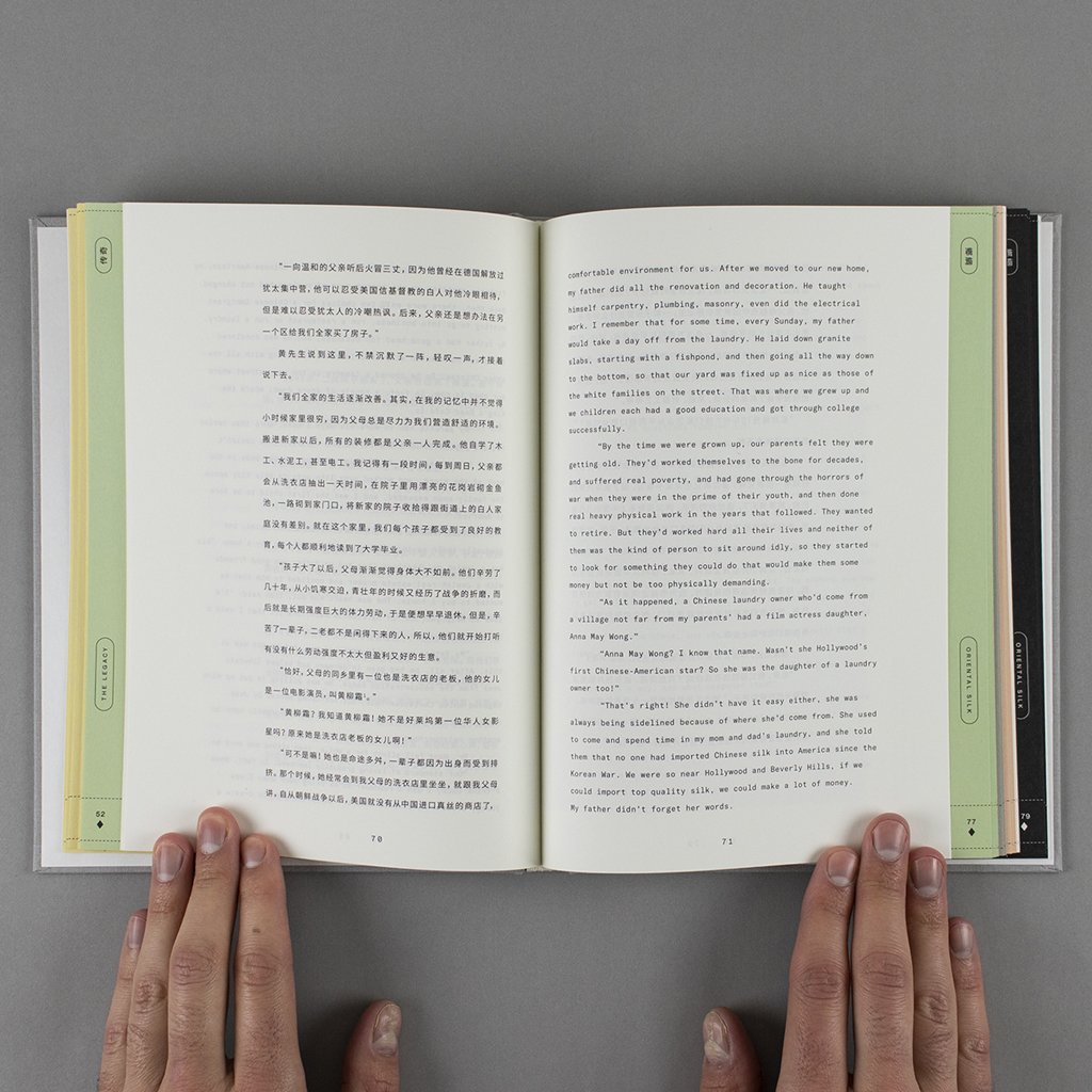 Oriental Silk inside spread, pages 70-71. Chinese text on verso, English on recto. The white paper is cut shorter than other pages, revealing green, pink, black and yellow pages behind. 