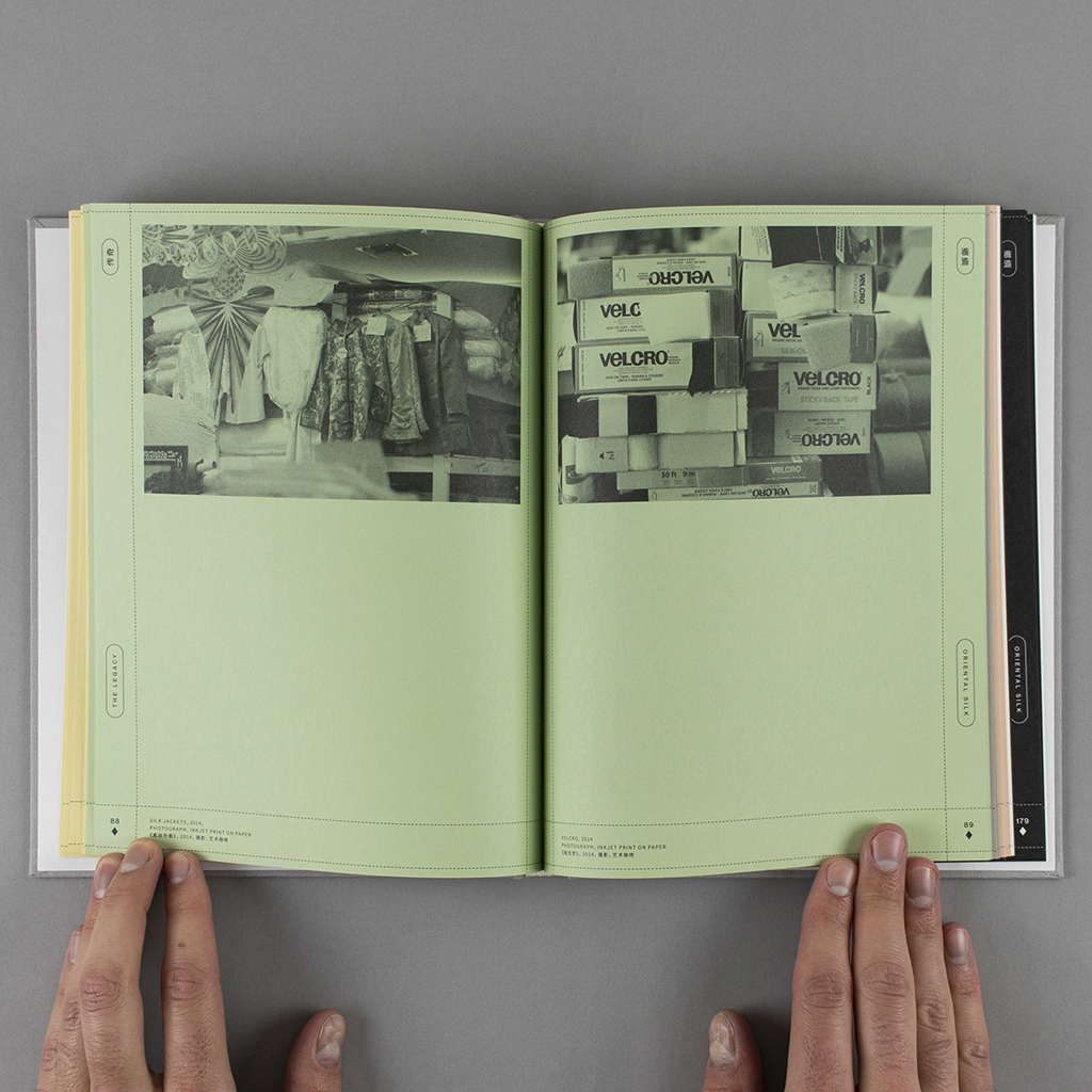 Oriental Silk inside spread, pages 88-89. Verso and recto each have a black and white photo printed on the green paper. Silk jackets on the verso and labeled boxes of velcro on the recto.