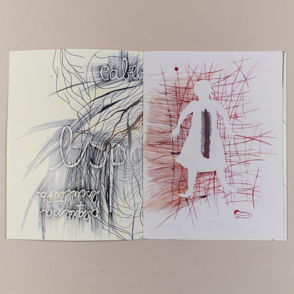 Voragem; first opening (inside cover and page 1) shows a tangle of lines and a silhouette of a woman