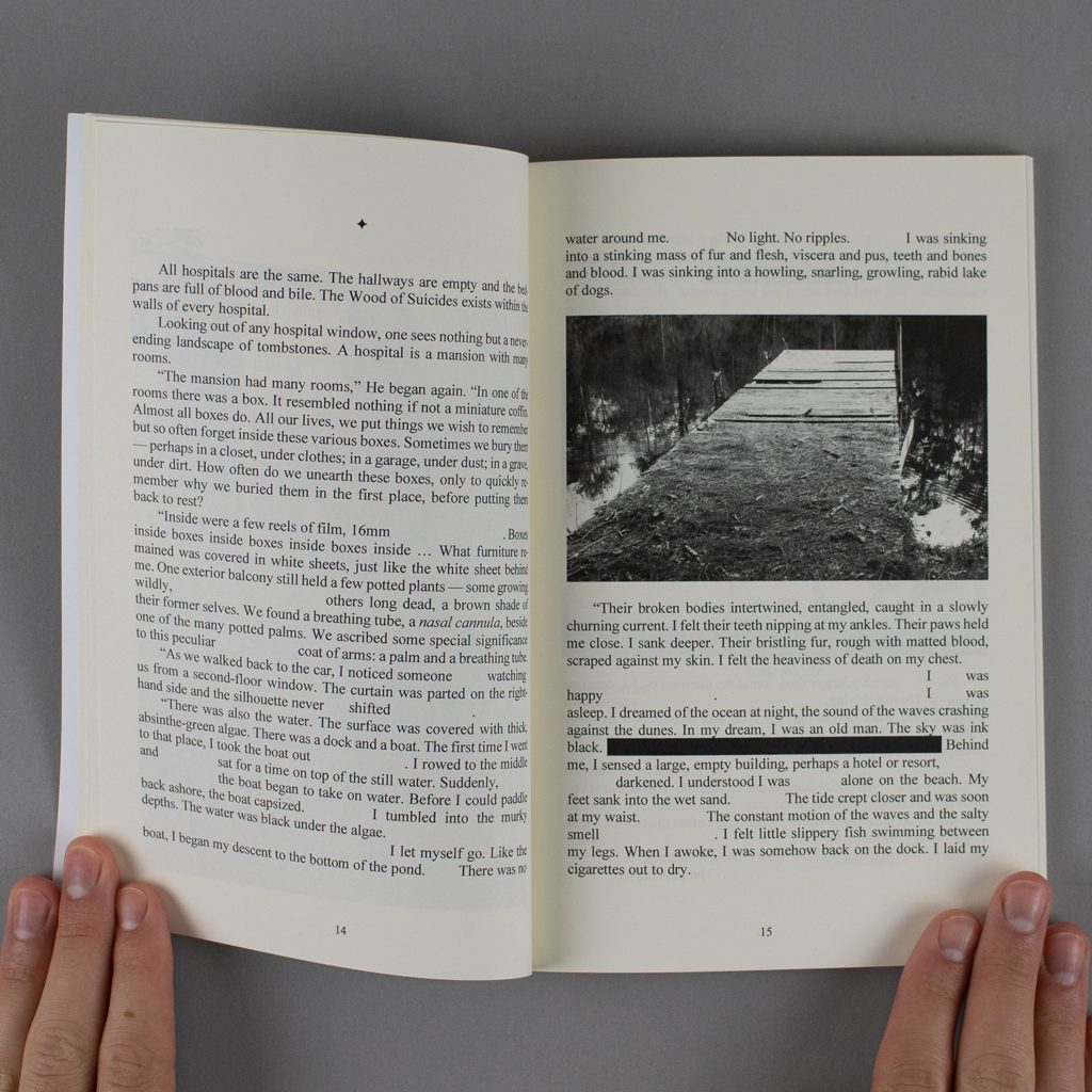 Convalescence inside spread. On the verso conventional paragraphs are interrupted by blank spaces. The recto includes a black and white photo of a decaying dock and text redacted by a black rectangle.