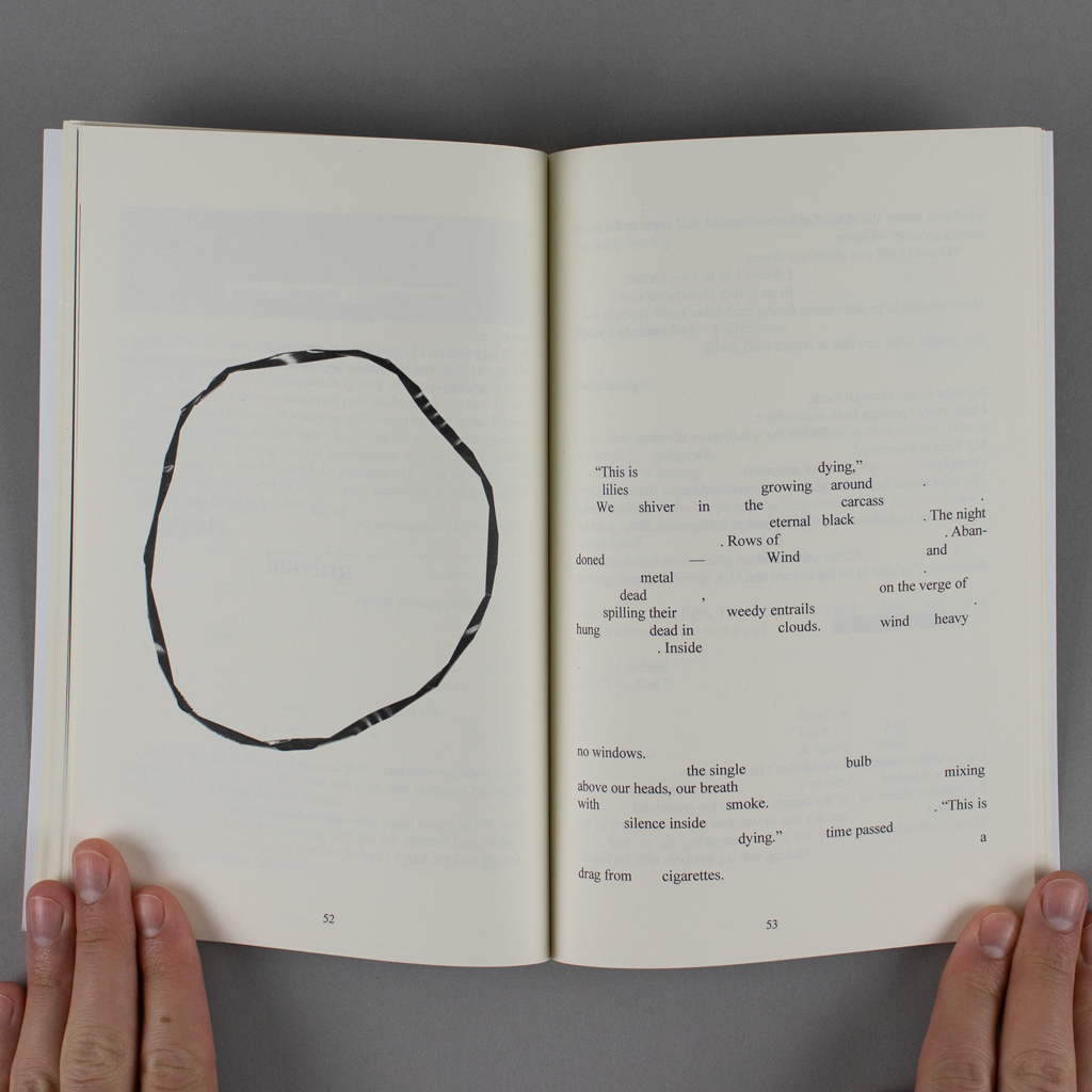 Convalescence inside spread. On the verso a photograph of a magnetic tape forms a twisted circle in the middle of an otherwise blank page. The recto contains a poetic text with large gaps where a longer text has been redacted.