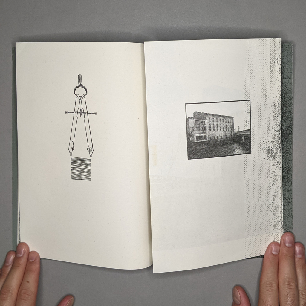 Terra Nullius inside spread. On the verso a drawing of dividers, on the recto a photo of a building.