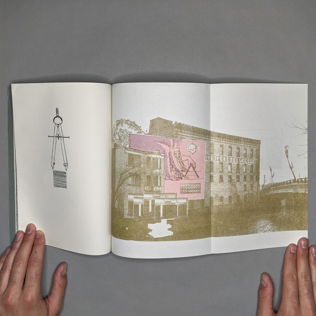 Terra Nullius, three-page spread with dividers on the left and Blake's "Newton" in a mural on the right.