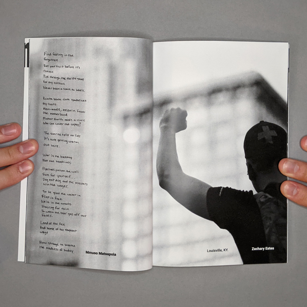 Witness 001 Inside spread 7-8: Mmuso Matsapola’s poem verso, Zachary Estes photo recto