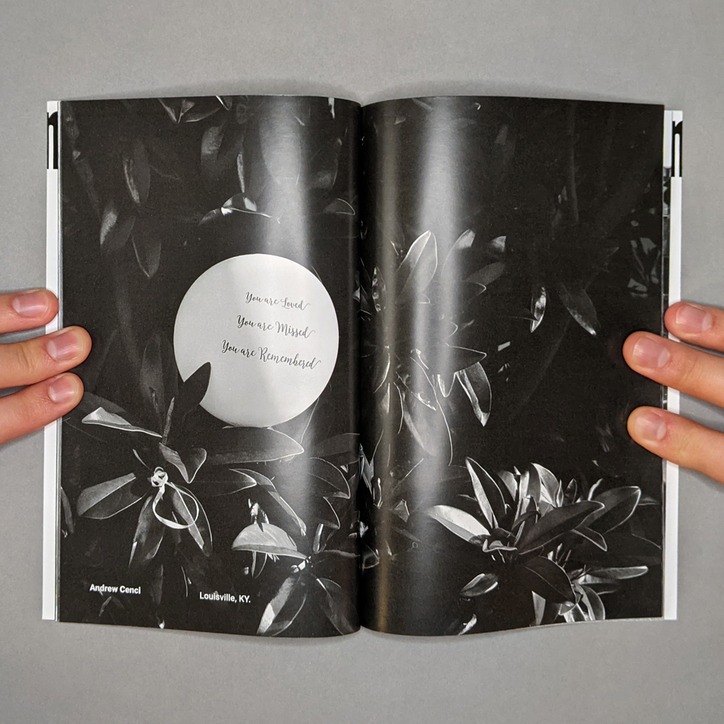 Witness 001, inside spread 15-16: with photo by Andrew Cenci