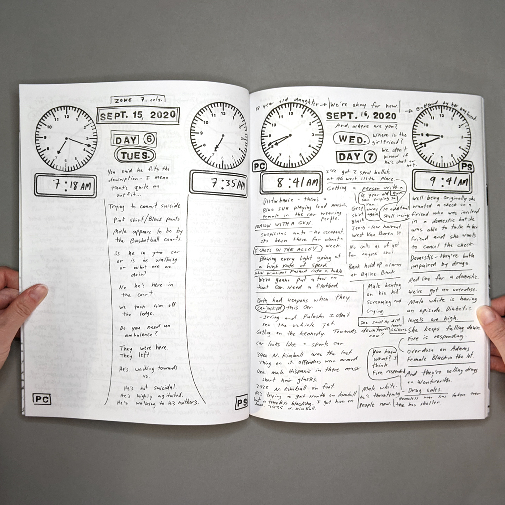 Police Scanner Inside spread. The verso has a narrow column of text in the center of the page, describing a suicidal-then-agitated man. The recto is a busy page with boxes, lines and bubbles separating text.