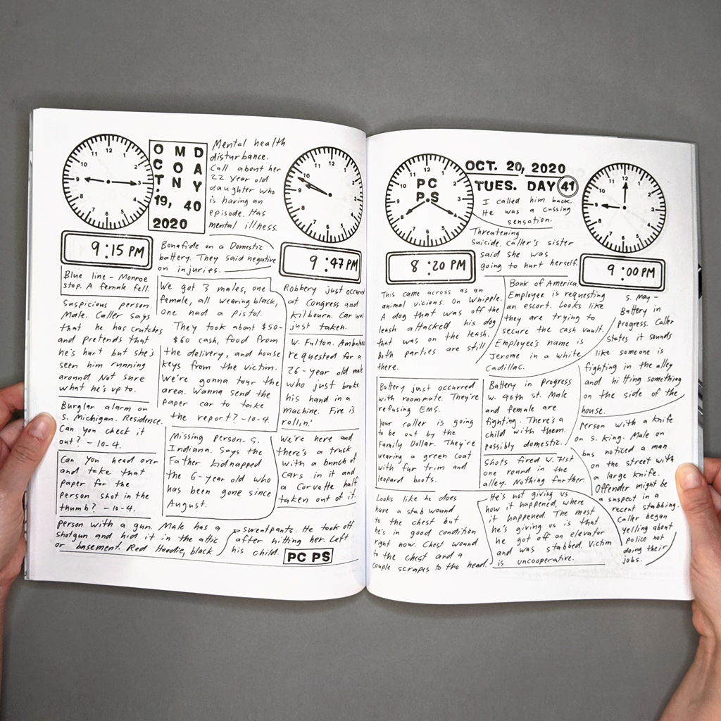 Police Scanner Inside spread. The verso and recto are both full but orderly arrangements of text divided into a loose grid.