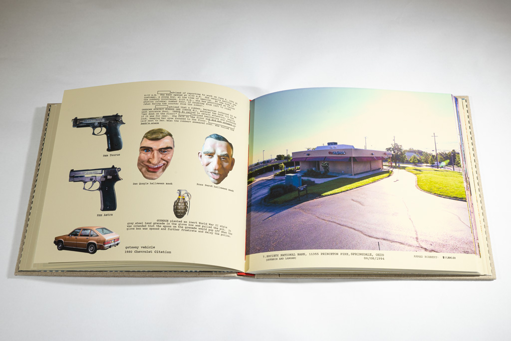 "Bank Tellers of America versus The Aryan Republican Army (1992-1996)" open to an inside spread. A surveillance image of a bank on the recto and on the verso, the robbers' weapons, masks and car.