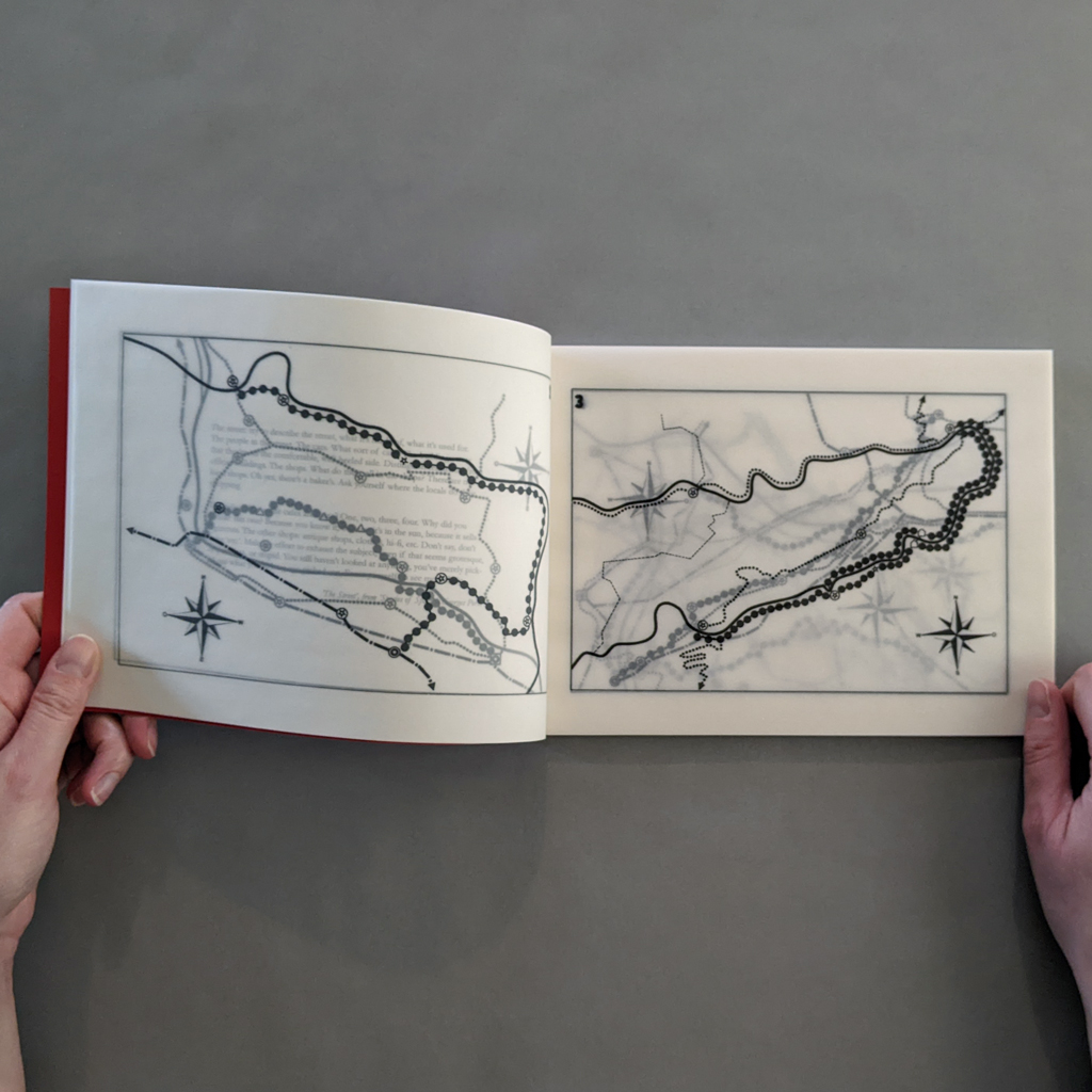 Asemic Walks inside spread, map 3. The epigraph is still visible beneath the translucent verso.