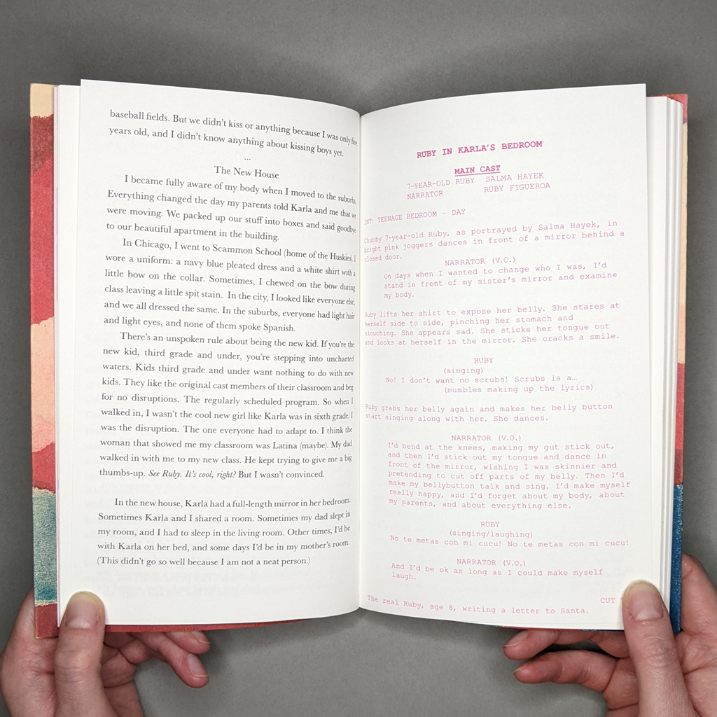 "a story, the truth, and a screenplay," inside spread. On the verso a conventional layout; on the recto a typewriter-style screenplay in magenta.