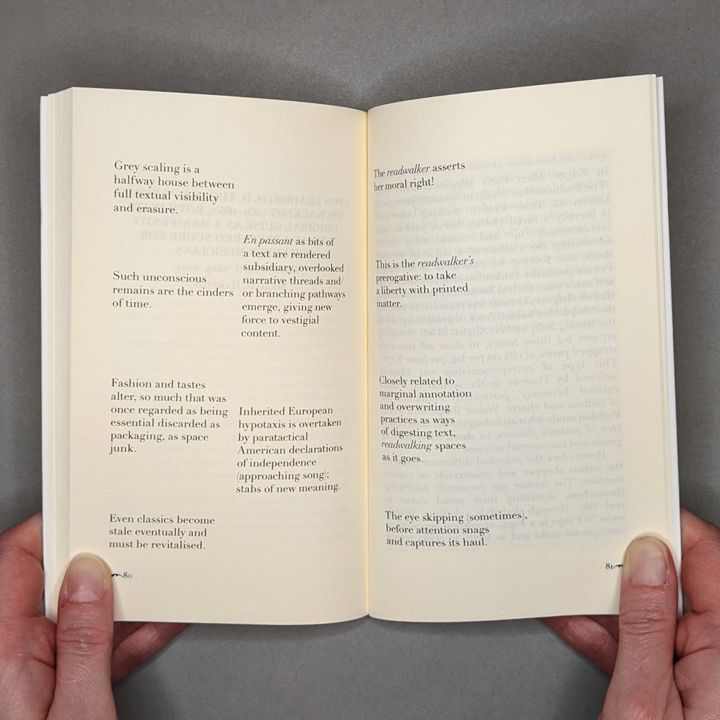 A Direction Out There: Readwalking (With) Thoreau, inside spread: Michael Hampton's essay is typeset unconventionally to posit ideas simultaneously
