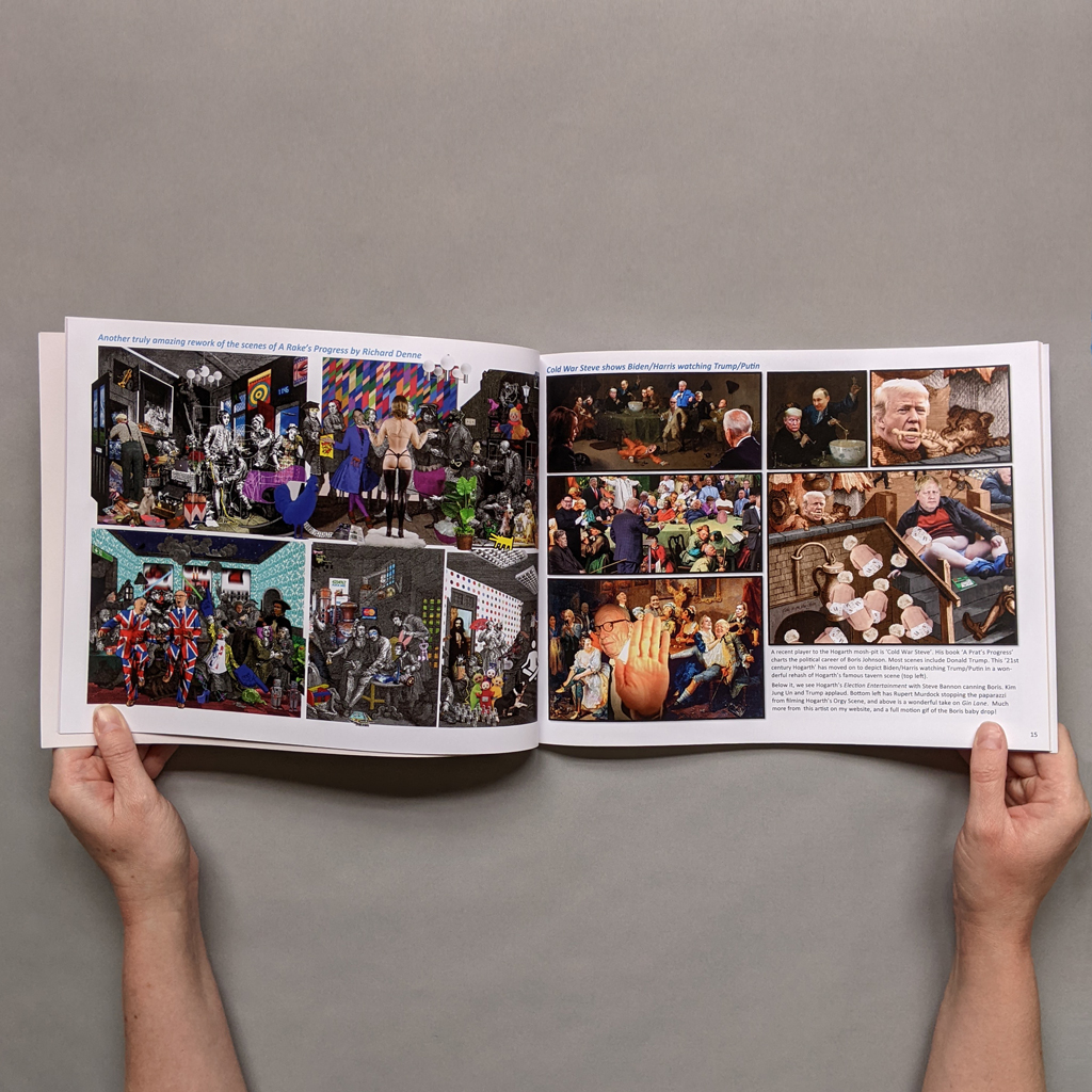 Hogarth’s Copycats , pages 14-15, assortment of contemporary political satires based on “A Rake’s Progress”