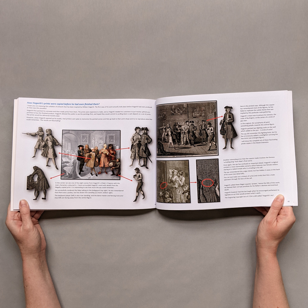 Hogarth’s Copycats , pages 44-45, visual analysis of a Hogarth painting and its pirated print