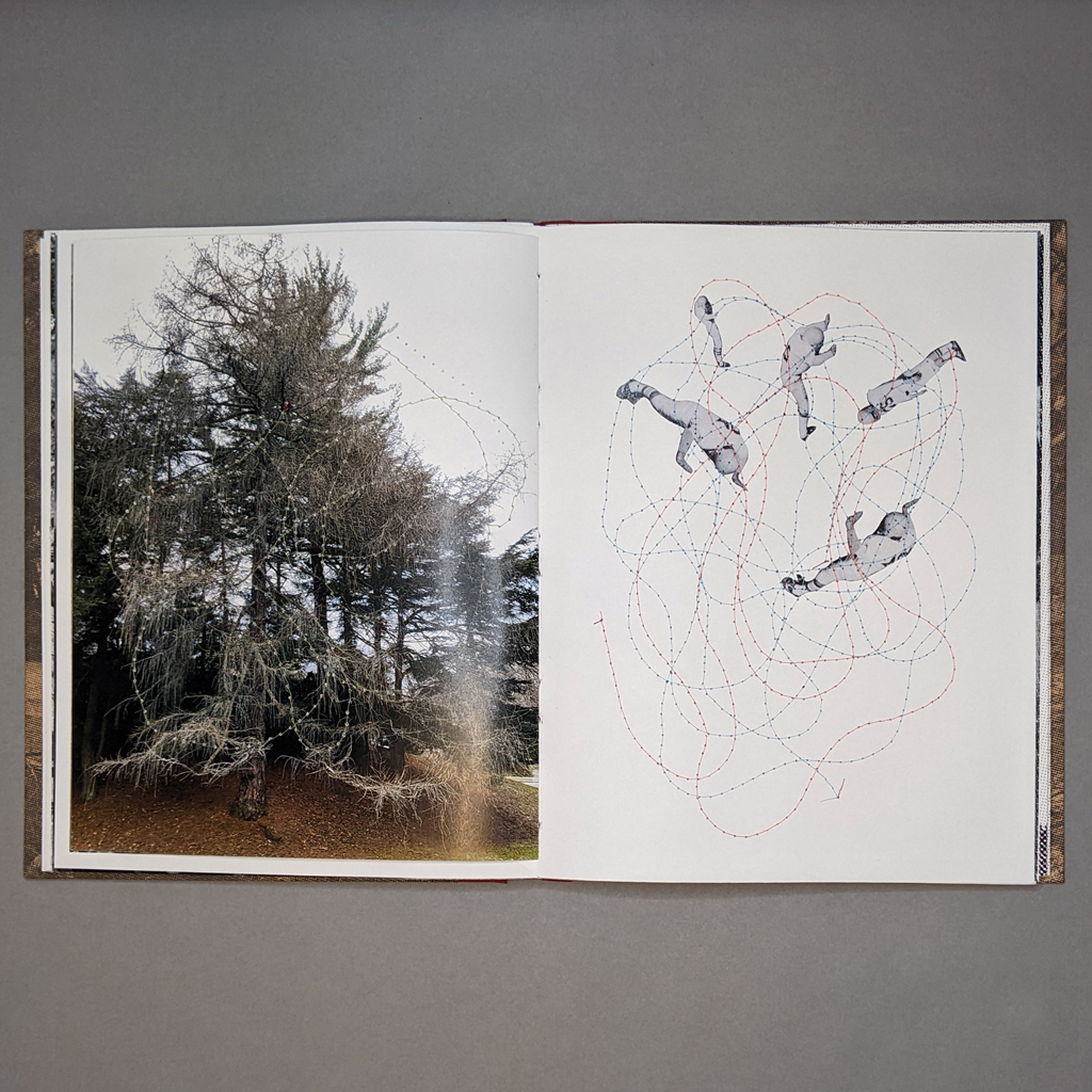 How to Draw Tornadoes, inside spread: sewn, scribbled tornadoes cover a photo of a tree (verso) and a collage of cut-out football players doing push-ups (recto)