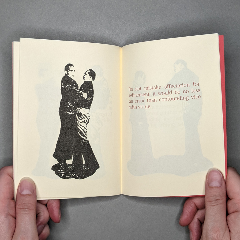 Ballroom Etiquette, inside spread. On the verso, two men grapple, one lifting the other, in a grainy black-and-white image. On the recto, red text says: "Do not mistake affection for refinement: it would be no less an error than confounding vice with virtue."