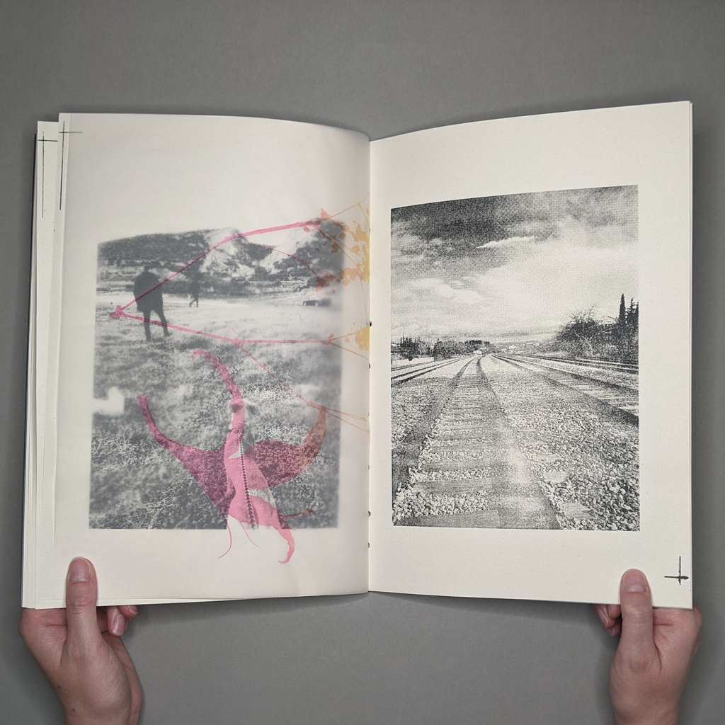 Escape Book, inside spread. Verso: a point-of-view shot where the photographer walks a dog on a leash. Recto: A railroad track receding into the distance. A vellum overlay obscures the verso. The overlay has a plan silhouette printed in a gold-to-pink gradient.