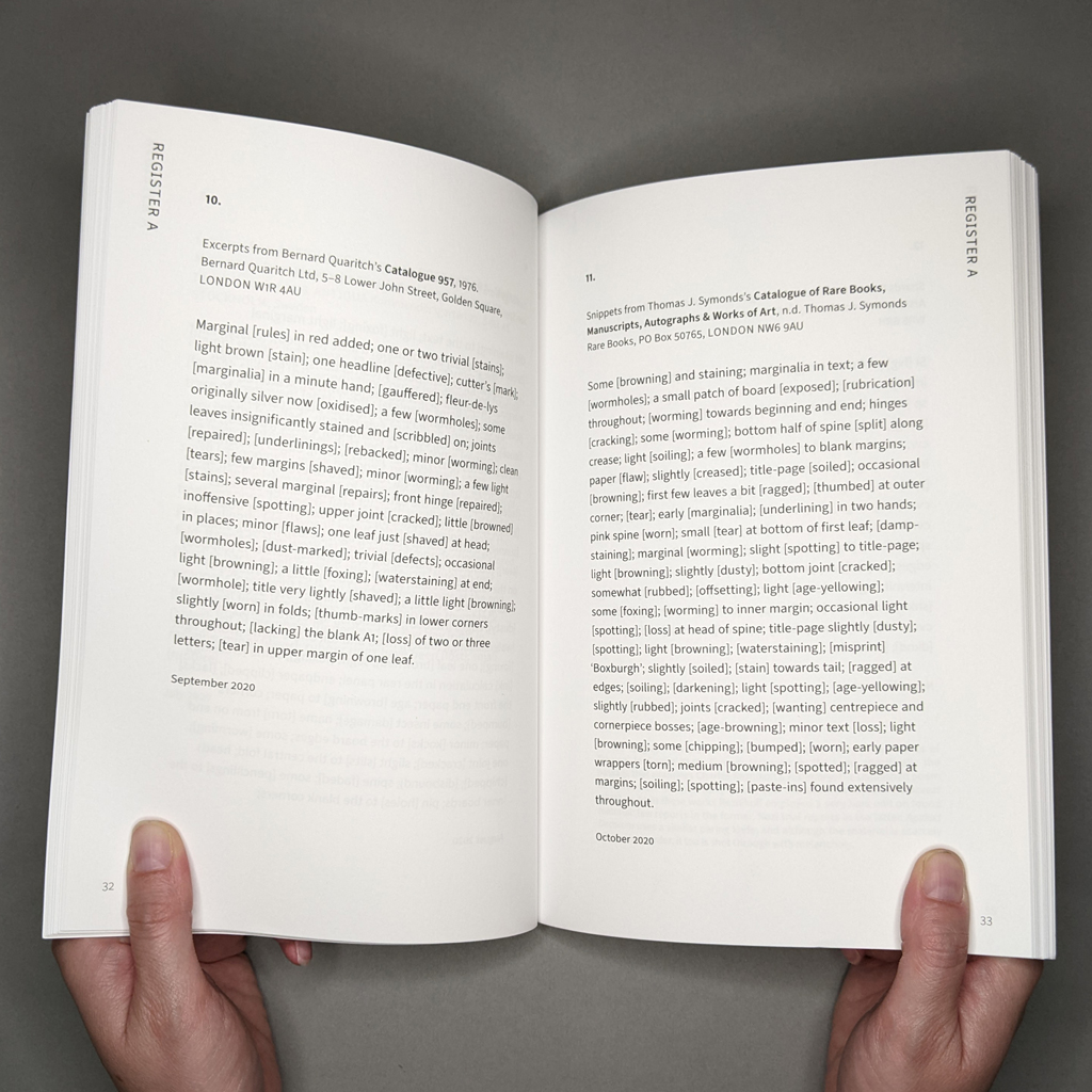 Against Decorum, inside spread. Register A, works 10 and 11. Each comprises a bibliographic entry above a poetic litany of rare book condition descriptions.