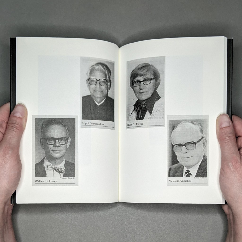 Necrology inside spread pp. 12-13 with 2 obit photos each on the verso and recto. On the verso are Wallace D. Hayes and Sripati Chandrasekhar; on the recto are Ruth D. Turner and W. Glenn Campbell.