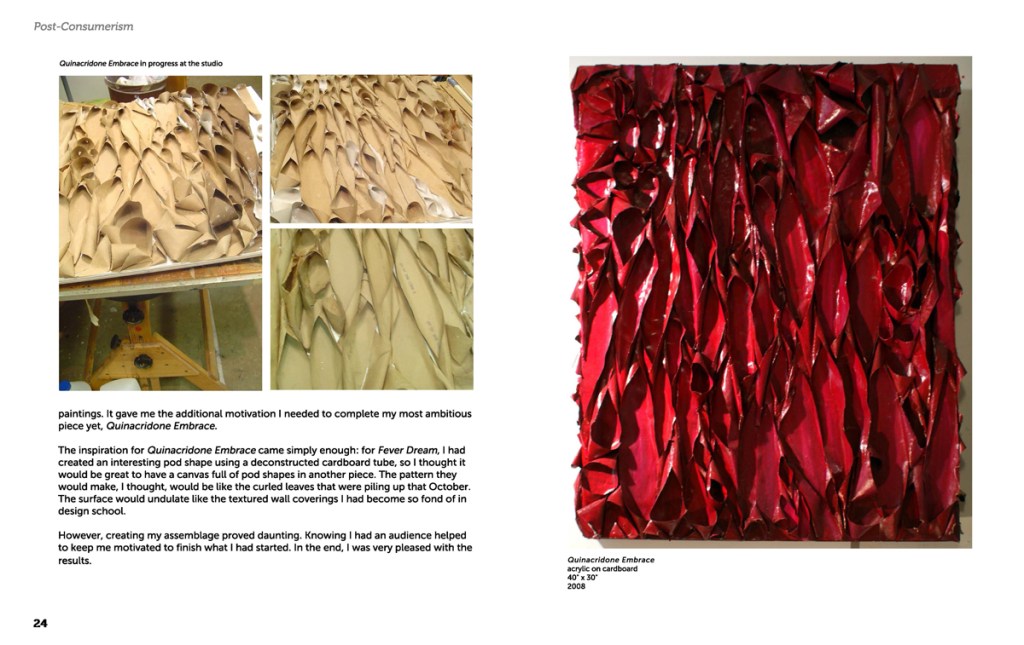 2-page spread from "Post-Consumerism" with a a finished artwork on the recto and process documentation on the verso