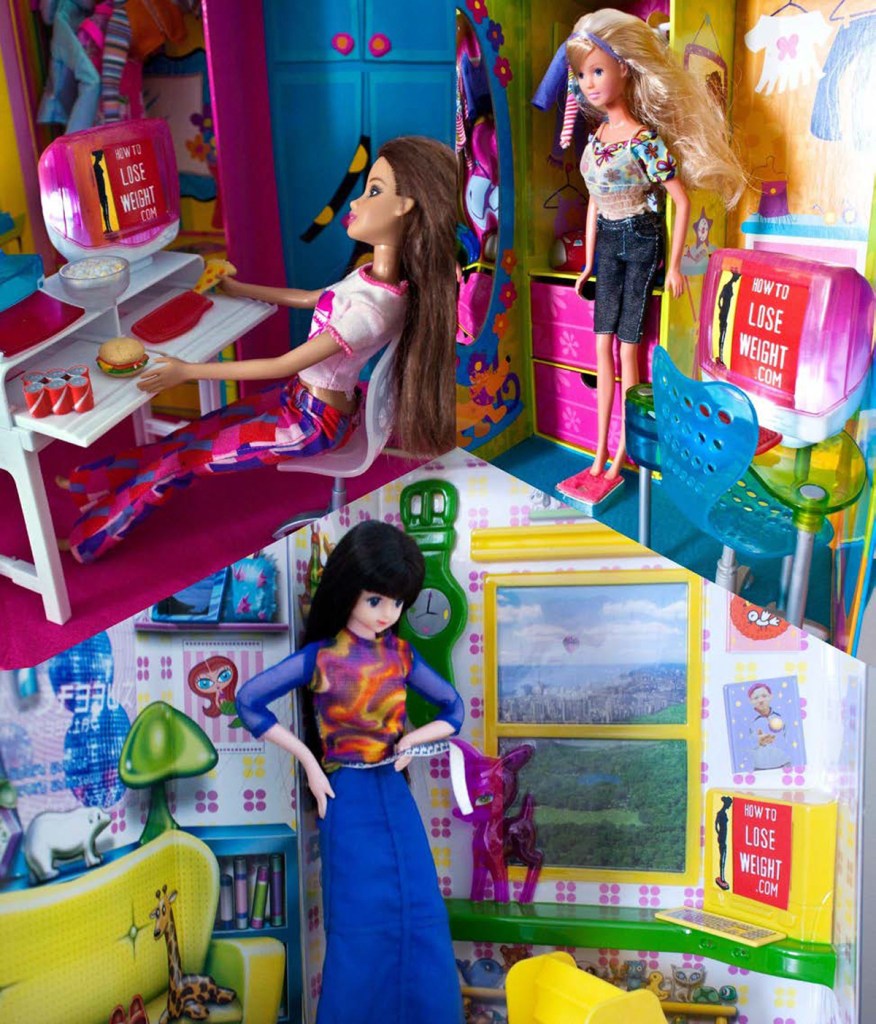 Page from The Doll Project: 3 scenes of young women viewing "howtoloseweight.com" on their computer, created using doll photography