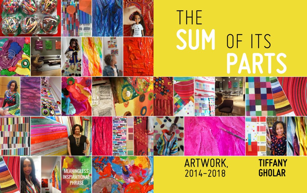 2-page spread view of "The Sum of its Parts" cover. Artwork details and images of the artist with her work are tiled in a saturated, busy grid. 