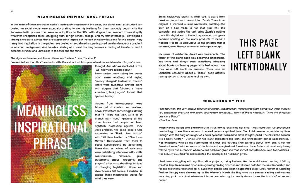 2-page spread from "The Sum of its Parts" with text-based artworks and a running text explaining the series. A piece on the verso reads: "meaningless inspirational phrase." A piece on the recto reads: "This page intentionally left blank"