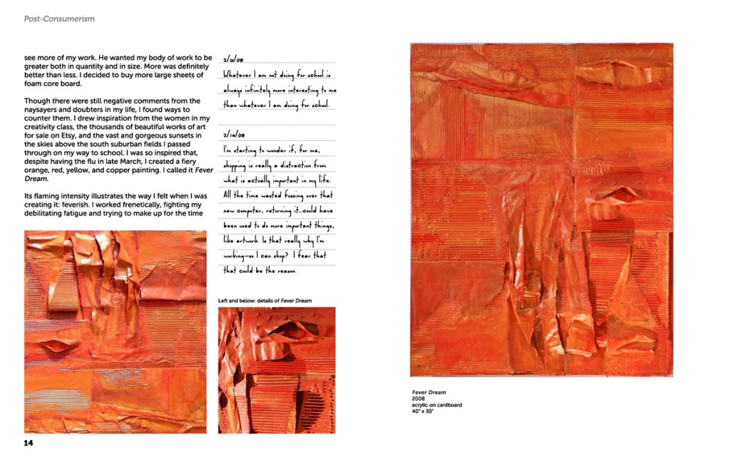 2-page spread from "Post-Consumerism" with a large reproduction of an artwork on the recto and details shots plus facsimile journal writings, and a running, typeset text on the verso