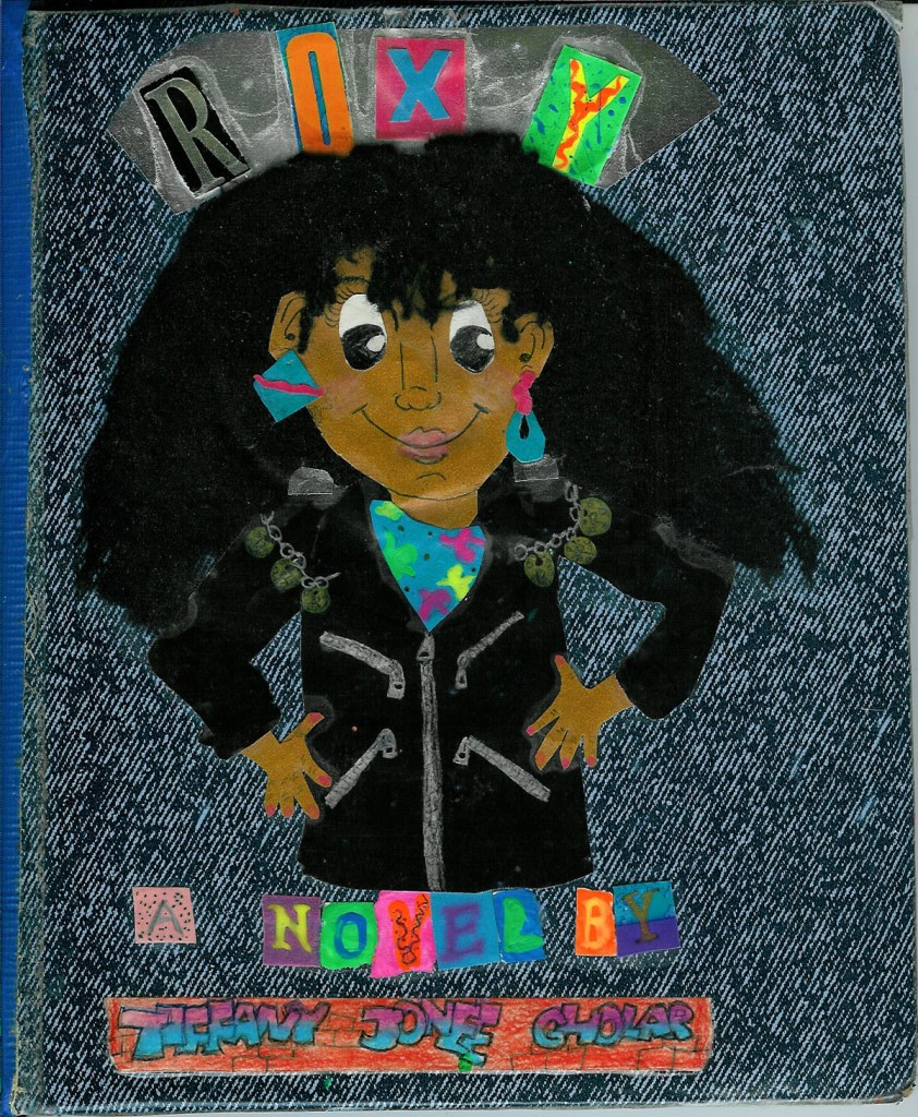 Book cover with a collage illustration of a smiling Black girl and colorful ransom-note-style lettering: "Roxy: A Novel by Tiffany Jonee Gholar"