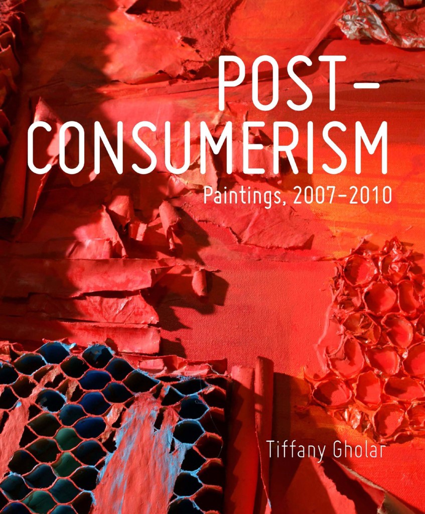 Book cover of "Post-Consumerism" with white title text on a close-up of a red abstract artwork made from recycled materials