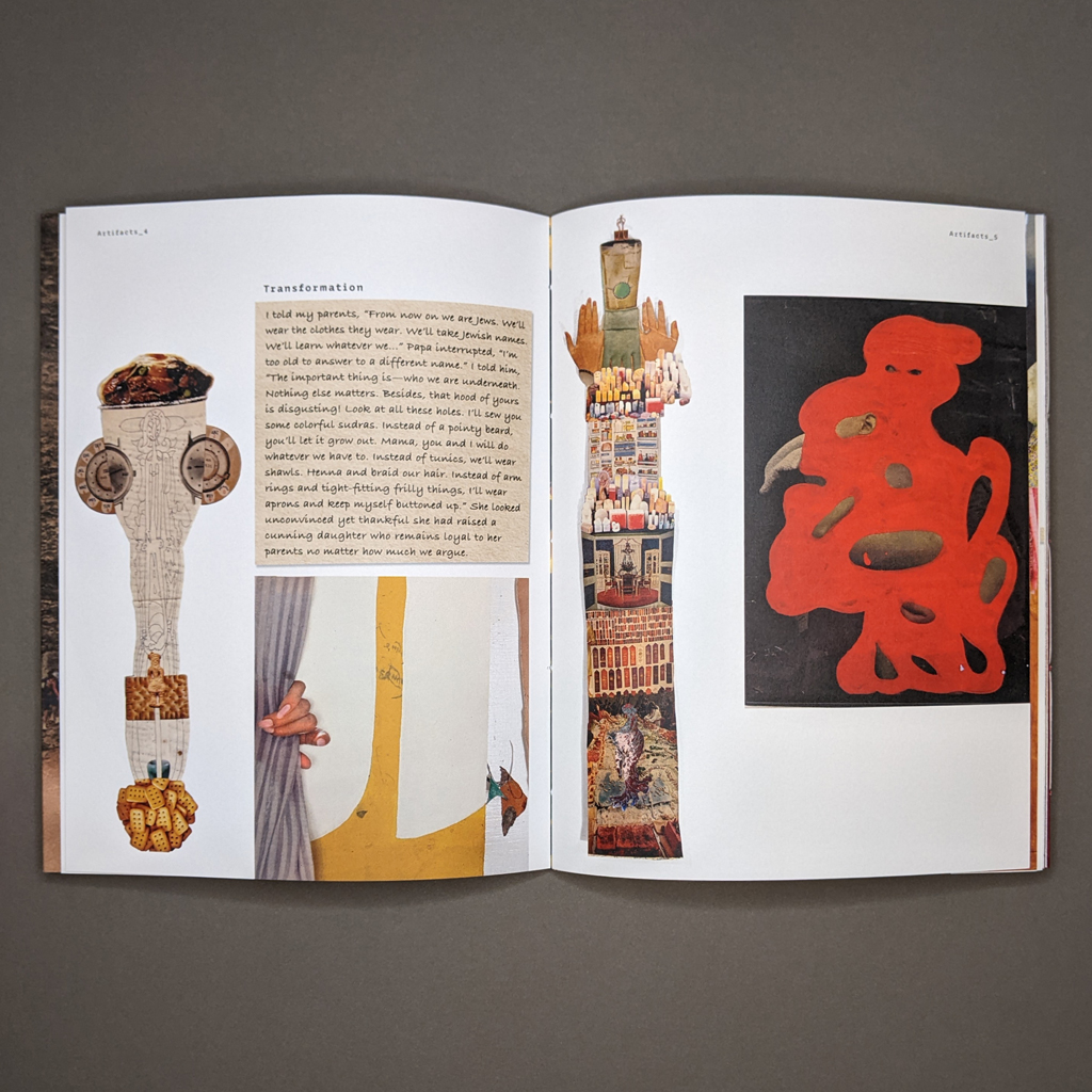 Jericho’s Daughter, Catalogue of Artifacts pp. 4–5: The spread is sub-titled “Transformation”. Verso has a rectangular module with a typeset diary fragment, a rectangular cropping of a collage, and a shaped collage/assemblage cut out against the white background. The recto has another shaped collage/assemblage cut-out and a rectangular mixed-media collage-painting.