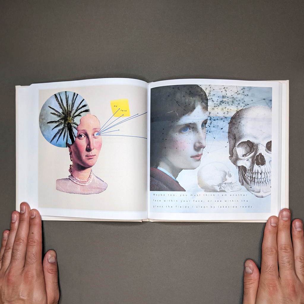 Tender to Empress, inside spread. Text and digital collage on verso and recto. On the verso, a palm tree seems to grow out of a woman’s head while arrows and text spring from her eye. On the recto, a portrait and two skulls float in a network diagram.