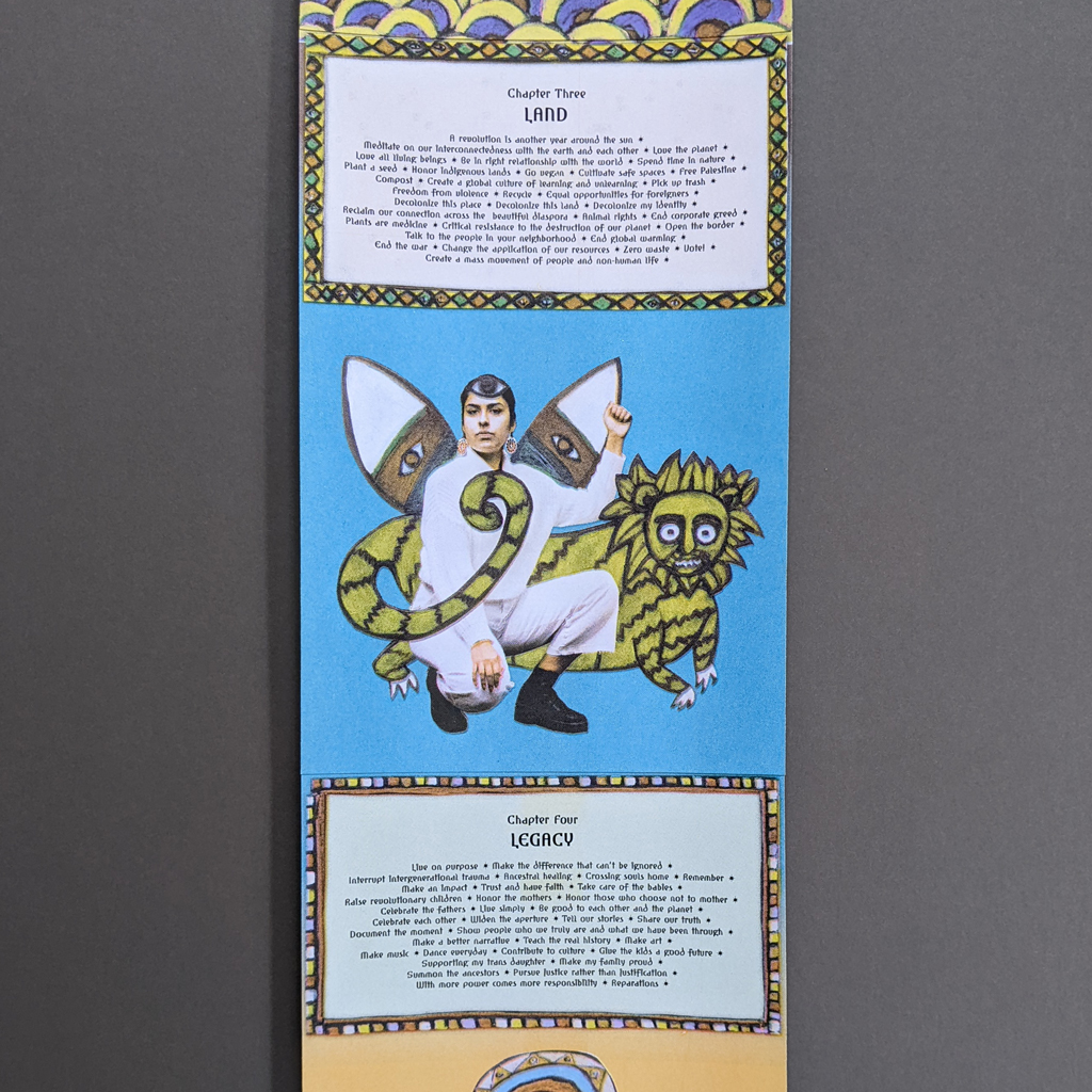 Been Magic * Been Real Chapters 3-4: A photo-collage portrait of a winged woman, kneeling and raising a fist, with eye motifs and a lion between text boxes labelled "land" and "legacy"