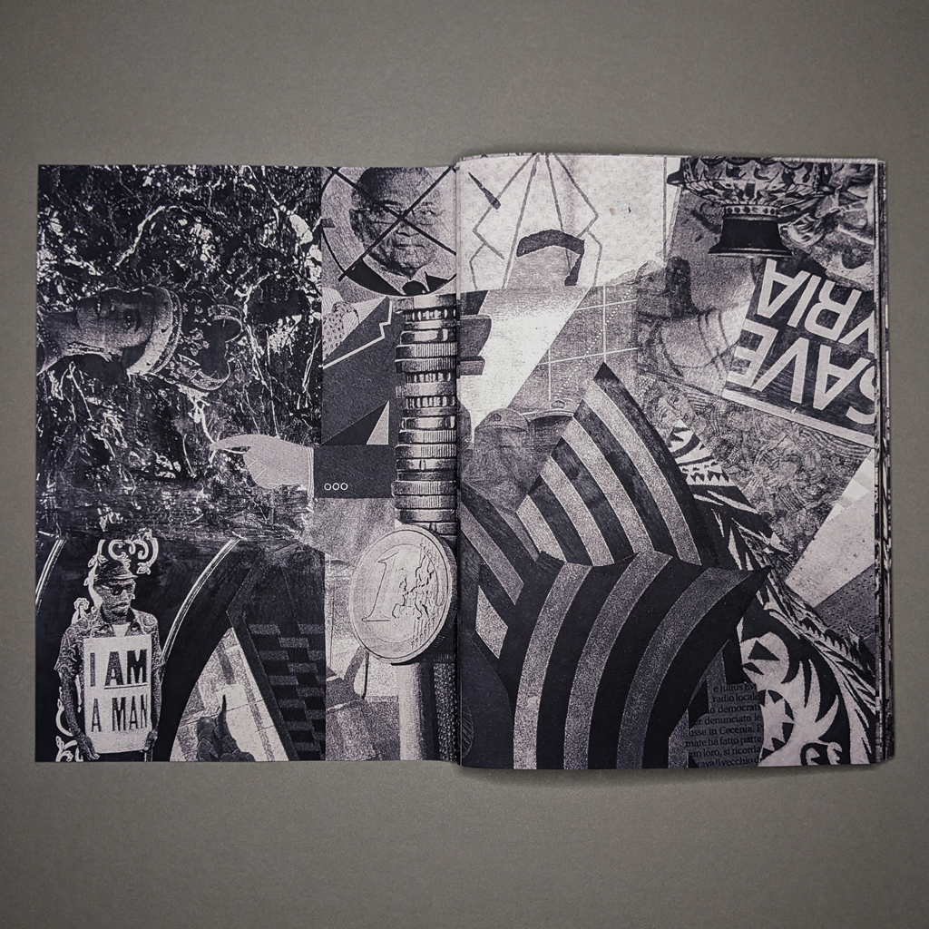 Senza Titolo, inside spread. The verso collage contains a photo from the Memphis Sanitation Workers strike in 1968 with the slogan "I am a Man". The recto collage contains a fragment of a "Save Syria" sign.