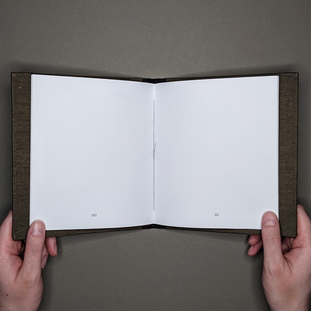 Center spread of "The Collected Poems of Donald J. Trump". A pamphlet stitch is visible in the gutter between two otherwise blank pages with page numbers, 20 and 21.