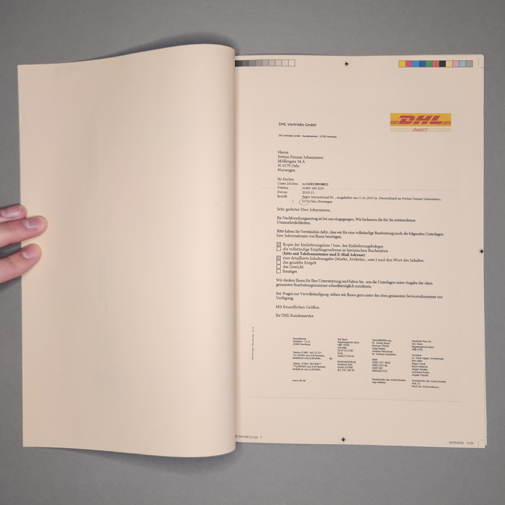 Yet to Be Delivered, inside spread: a full-color scan of a letter from DHL customer service. 