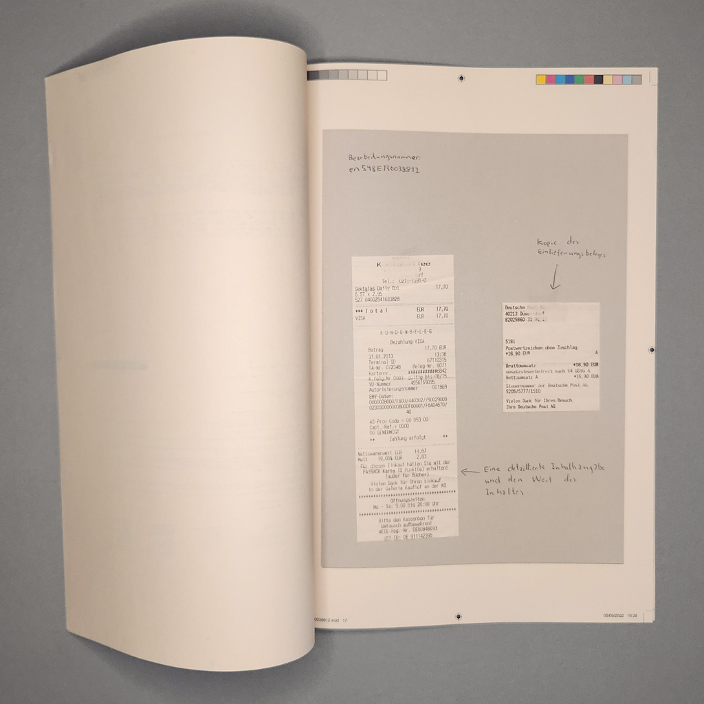 Yet to Be Delivered, inside spread: grayscale scans of receipts with hand-written annotations by the artist.