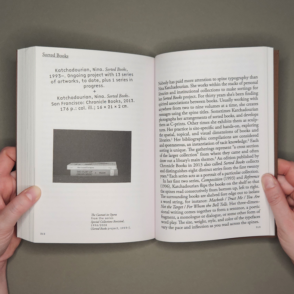 Bibliographic Performances & Surrogate Readings, pp. 212-213. Opening spread of the entry for "Sorted Books" by Nina Katchadourian. On the verso, bibliographic citations are set above a black and white photograph of the art. On the recto, descriptive text is set in conventional paragraphs. 