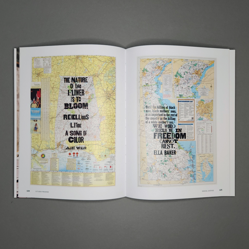 "Amos Paul Kennedy, Jr.: Citizen Printer," pages 124-125. Each page has a broadside printed on a state map.