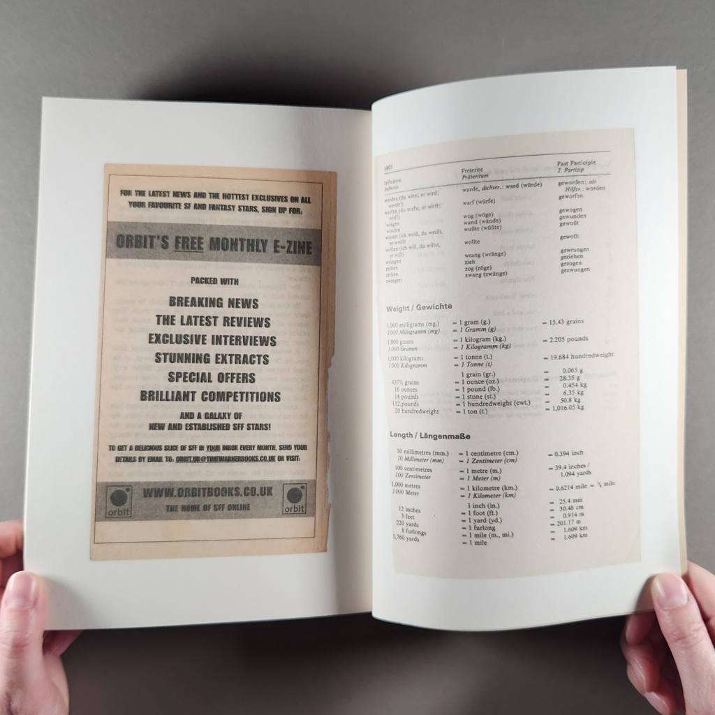 Last Pages, inside spread. Verso: a book page with a publisher’s ad. Recto: a book page, in German, with measurements.