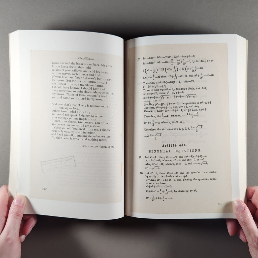 Last Pages, inside spread. Verso: a book page with a poem by Anne Sexton. Recto: a book page math equations.